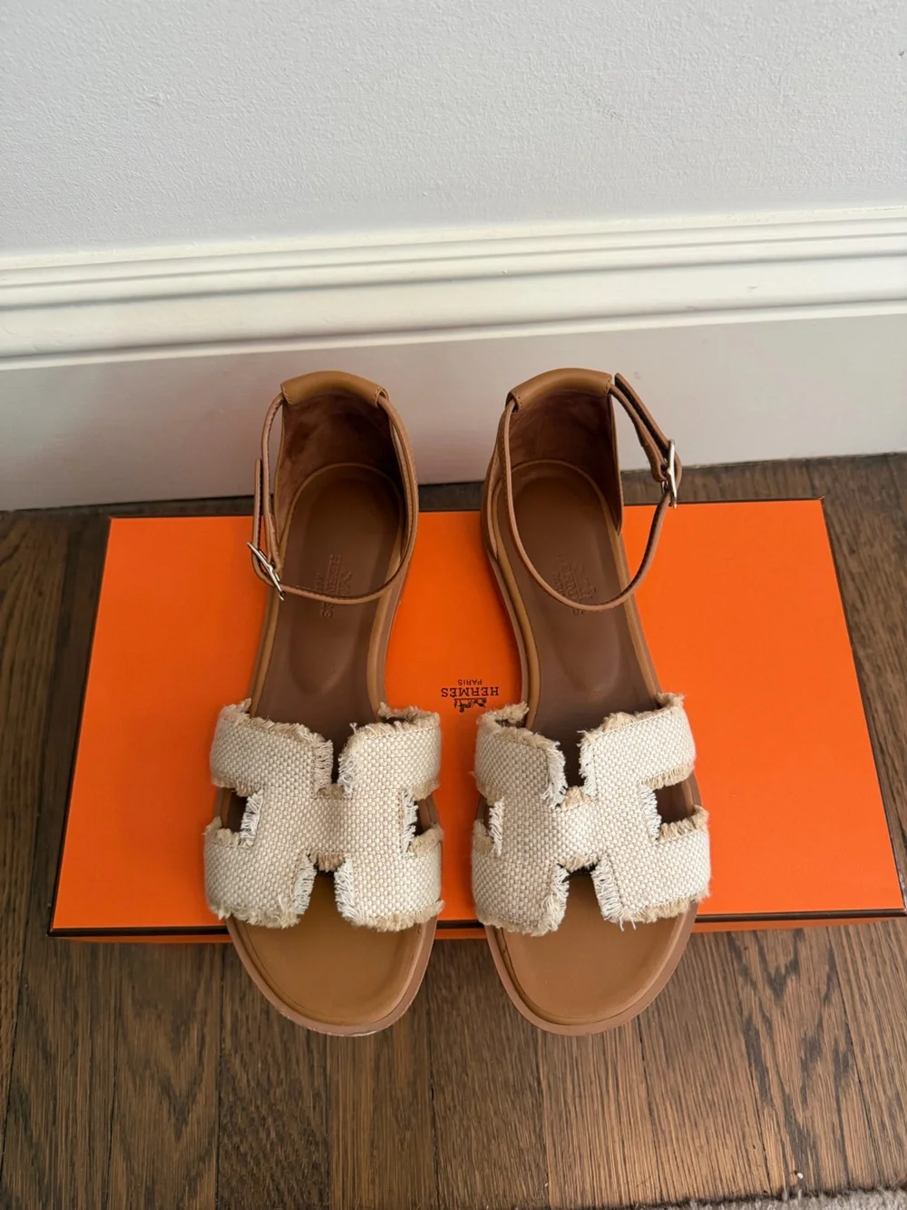 New Hermes Santorini Ankle Strap Sandals in Cream and Tan